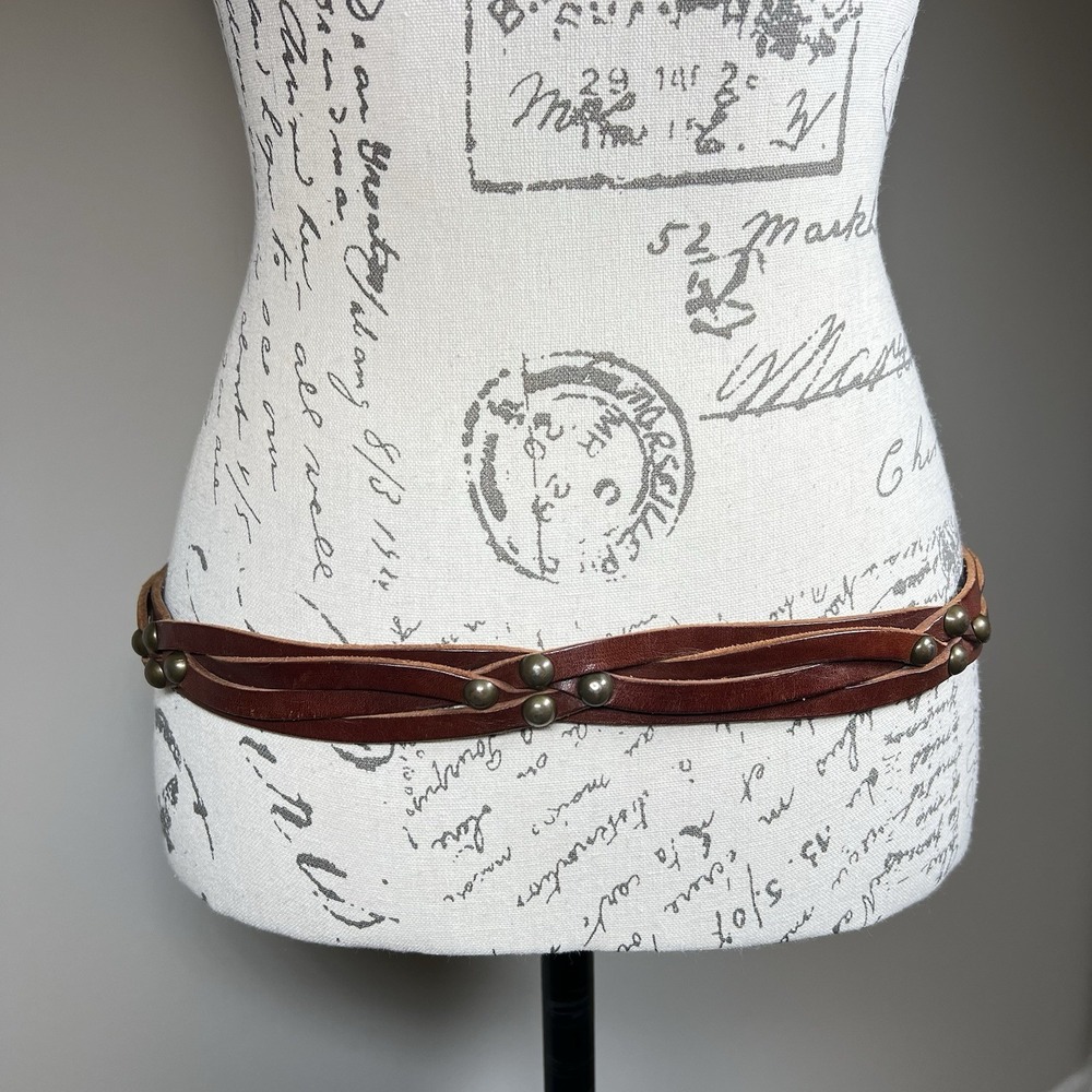American Eagle Studded Braided Leather Belt L Brown Statement Western Boho